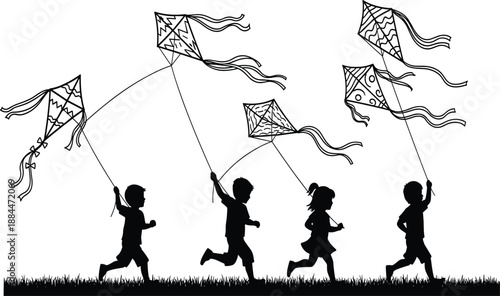 Black and white vector silhouette of happy children running in a field flying kites against a white background for summer childhood play concept