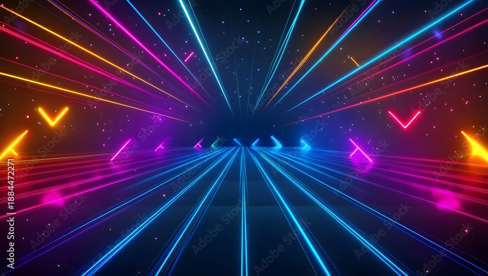 Obraz premium Geometric neon light pattern with arrows and lines in blue and pink colors forming dynamic symmetrical composition over dark reflective surface representing high speed data transfer and future tech