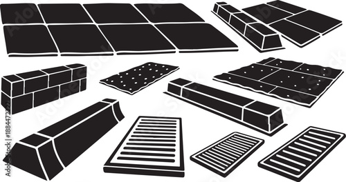 Various black and white building blocks and materials illustration