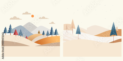 Vector illustration of a winter mountain landscape with a sunset sky over a desert sand silhouette featuring palm trees and nature
