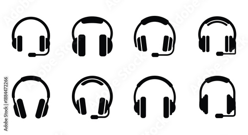 A collection of black headphone icons with microphones presented in various styles