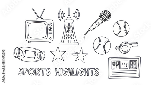 Sports icons in black and white tv microphone baseball scoreboard