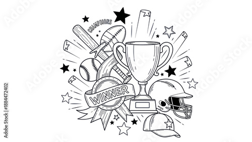 Sports trophy and equipment illustration for championship and winner concepts