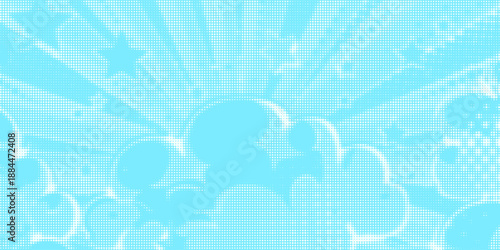 Dotted comic cloud background. White halftone clouds in blue sky. Pop art heaven wallpaper for banner, brochure, collage, poster, leaflet. Pixelated smoke, smog or fog texture. Vector illustration