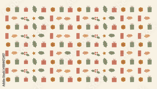 Cute minimalist holiday seamless pattern with gifts holly berries and stars Seasonal background design