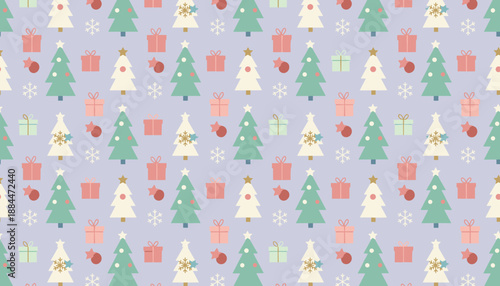 Cute pastel Christmas pattern trees gifts snowflakes Festive winter holiday background design