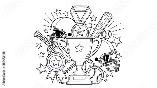 Sports trophy and equipment illustration vector design in black and white