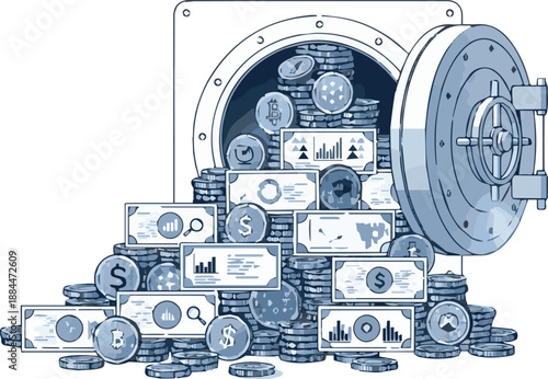 Stacks of currency and coins overflowing from a vault door opening wide