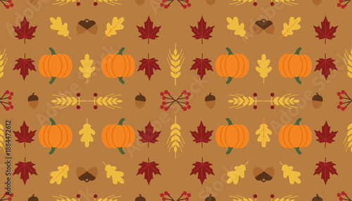 Seamless Thanksgiving pattern featuring pumpkins maple leaves acorns and berries