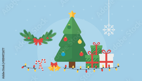 Flat design illustration of Christmas tree gifts lights and seasonal decor on a snowy background