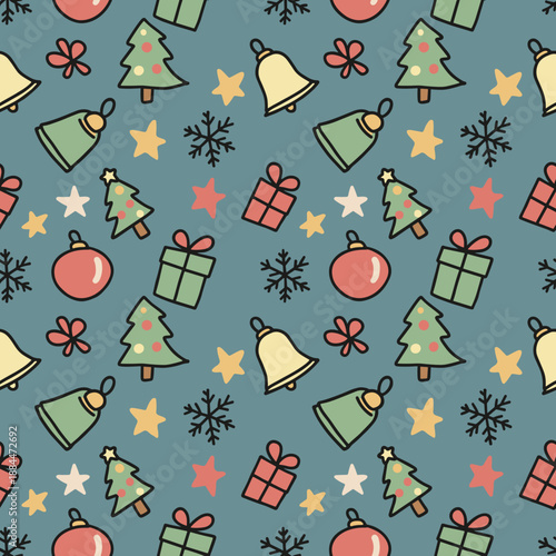 Cute handdrawn Christmas seamless pattern with trees bells and gifts on a teal blue background