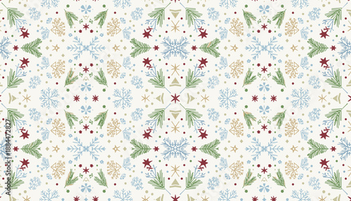 Handdrawn Christmas seamless pattern with snowflakes fir branches and reindeer Winter holiday background