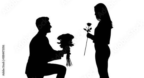 Man on one knee offering beautiful roses to a woman in a romantic gesture