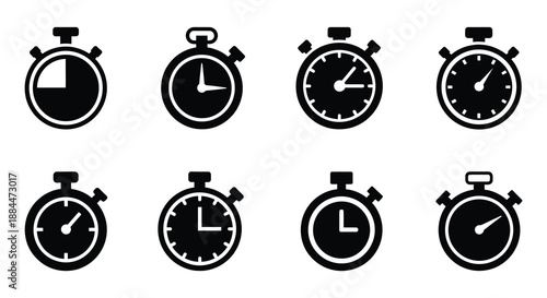 A collection of black and white stopwatch and timer icons in varying styles