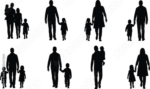 family, parents, children, silhouettes, walking, toddlers, vector, childhood, familly and chaild aslo here.