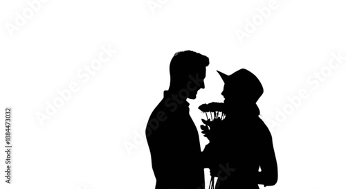A loving couple's romantic moment captured in silhouette with a beautiful bouquet of flowers