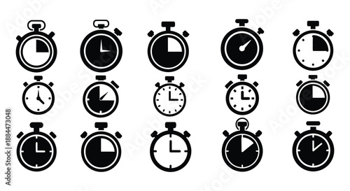 A collection of black and white stopwatch and timer icons in varying styles