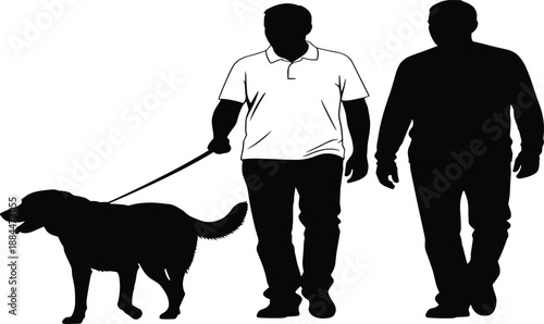 dog, walking, men, silhouette, vector, companion, friendship, leashed, outdoor, animal, pet, assistance, accessibility, partnership, black