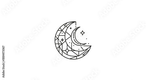 Geometric Crescent Moon with Stars Illustration.
