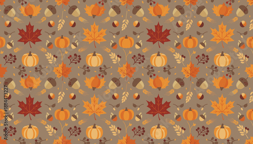 Seamless autumn pattern featuring pumpkins maple leaves acorns and berries Ideal for backgrounds or textiles
