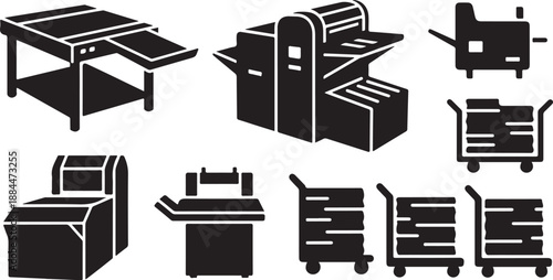 Office furniture and equipment icons in black and white