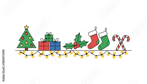 Outline Christmas icons tree gifts holly stockings and candy canes on a string of lights Holiday decor
