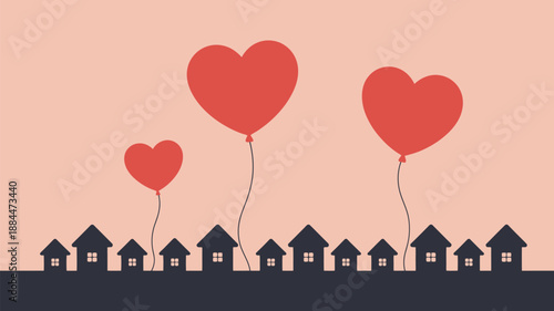 Houses with heart-shaped balloons Vector