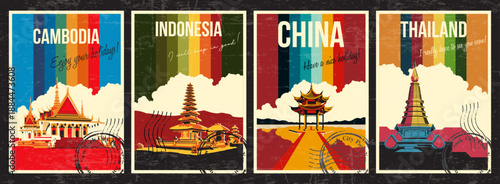 Cambodia, Indonesia, China, Thailand Main Attractions. Khmer Royal Palace, Ulun Danu Beratan Temple, Hangzhou West Lake Pavilion, Chiang Mai Pagoda Doi Inthanon, Retro Postcard Style Illustrations, 19