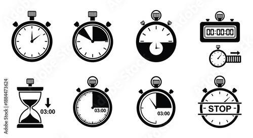 A collection of black and white stopwatch and timer icons in varying styles