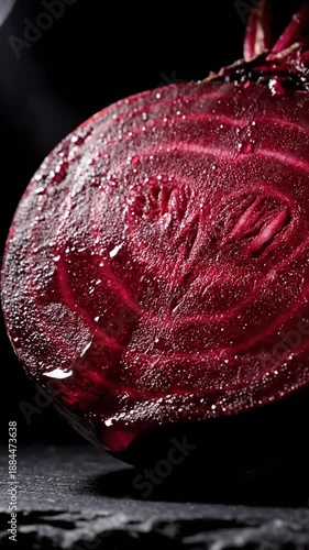 Fresh Beetroot Slices With Droplets Displayed On A Dark Surface Close-Up Shot