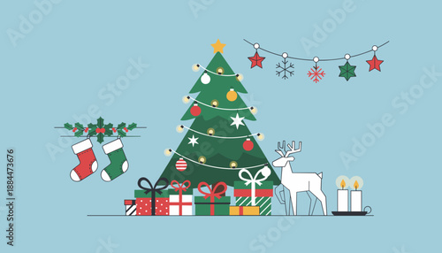 Minimalist Christmas illustration featuring a decorated tree presents stockings reindeer and festive candles