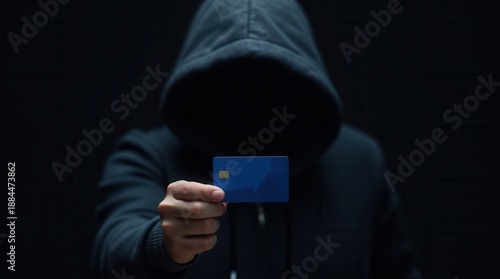 Anonymous hooded figure holding a blue credit card, representing financial cybercrime and digital security threats 