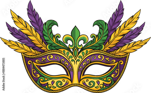 Mardi Gras Masquerade Mask with Feathers Vector Illustration