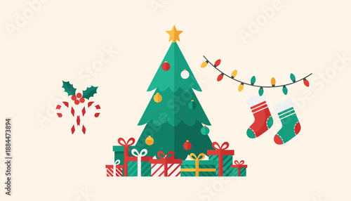 Flat design Christmas illustration with tree gifts stockings and candy canes Holiday season concept