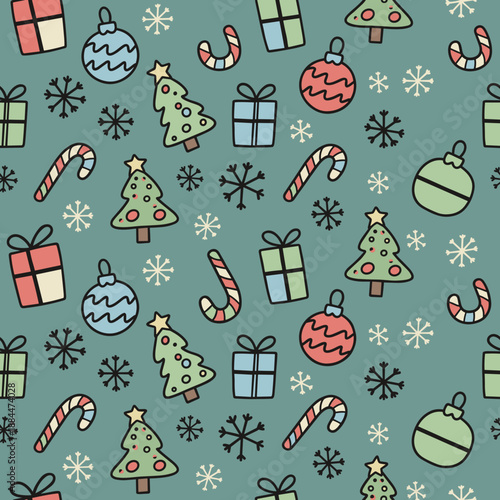 Cute Christmas seamless pattern Handdrawn gifts trees and snow on a vintage teal background