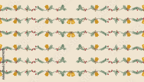 Seamless Christmas pattern with golden bells pine boughs and red berries on a vintage beige background