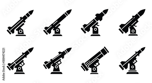 A collection of black and white rocket launcher icons in varying styles