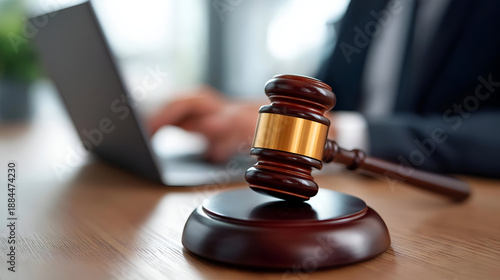 A close-up image of a gavel on a desk with a laptop in the background, symbolizing law and justice in a modern workspace.