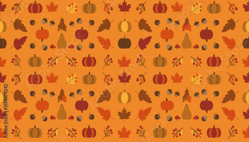 A festive seamless autumn pattern with flat vector pumpkins maple leaves acorns and berries on orange