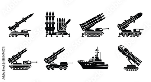 Collection of various military missile systems and naval weaponry in black silhouette