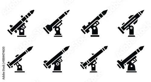 A collection of black and white rocket launcher icons in varying styles