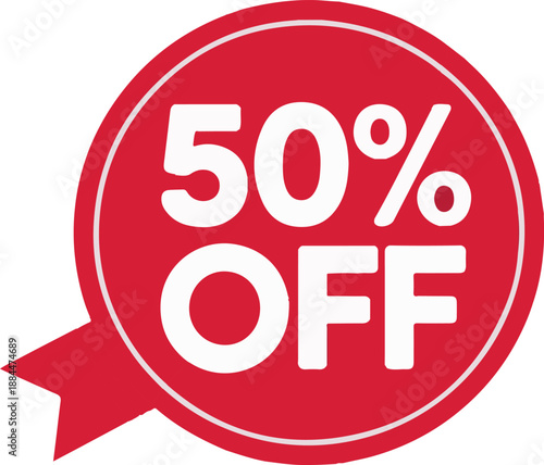 50% Off Special Sale Discount Tag with White Typography on Red Circular Background and Ribbon Tail, Isolated Vector Illustration for Promotional Offers, Marketing, and Retail Advertising on White Back
