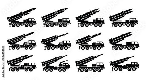 Collection of various military missile systems and naval weaponry in black silhouette