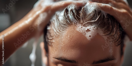 A close-up of a woman enjoying a soothing shampoo experience, with bubbles and water creating a sense of relaxation and self-care.