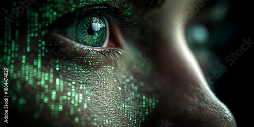 A close-up of an eye with a digital, coded pattern reflecting innovation and technology.