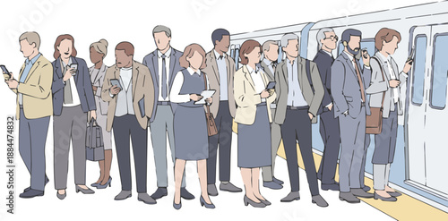 Commuters waiting to board a train at a busy station platform viewed from the side