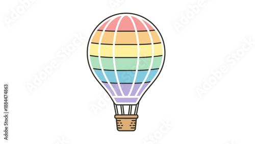 A colorful hot air balloon with a rainbow design floats against a clean white background, symbolizing freedom and adventure in a lifestyle of travel and exploration.