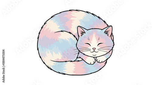 Cute pastel-colored cat peacefully sleeping curled up in a ball.