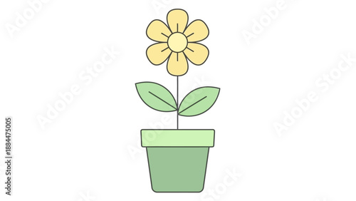 Simple illustration of a yellow flower in a green pot with two leaves.
