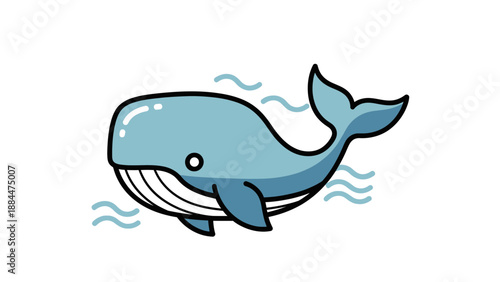 Cute cartoon blue whale swimming in the ocean with waves.